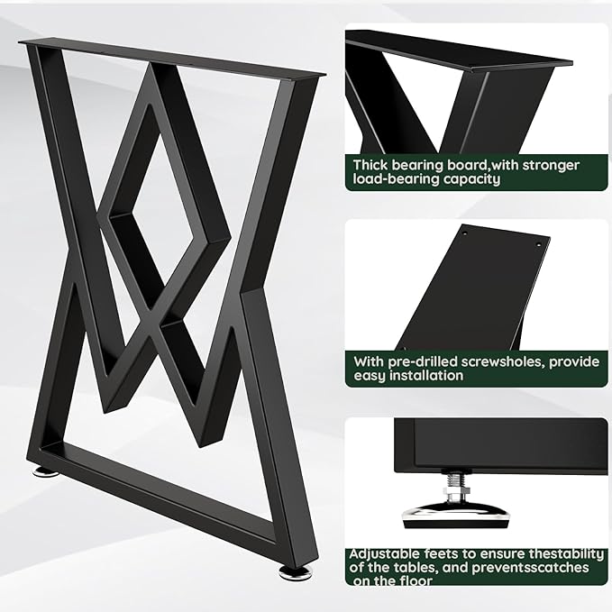 Metal Table Legs 28" H x 24" W Furniture Desk Bench Dining Table Legs Diamond Shape Heavy Duty Desk Legs with Adjustable Feet Set of 2 Black