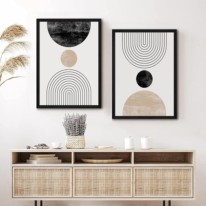 Mid Century Modern Wall Art Prints Set of 2 Neutral Abstract Geometric Wall Art Boho Canvas Prints Mid Century Eoind Wall Decor Modern Abstract Pictures Artwork for Home Room 12x16 Inch Black Framed