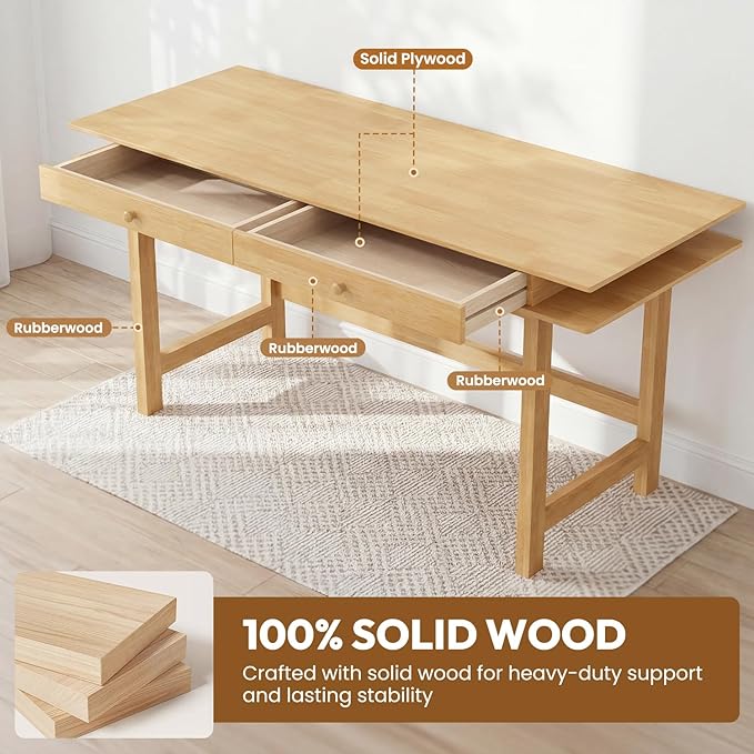 Double-Top Solid Wood Desk - 48-Inch Mid-Century Modern Writing Table with Drawers for Home Office, Study, and Creation, Rubberwood Computer Desk in Honey Oak