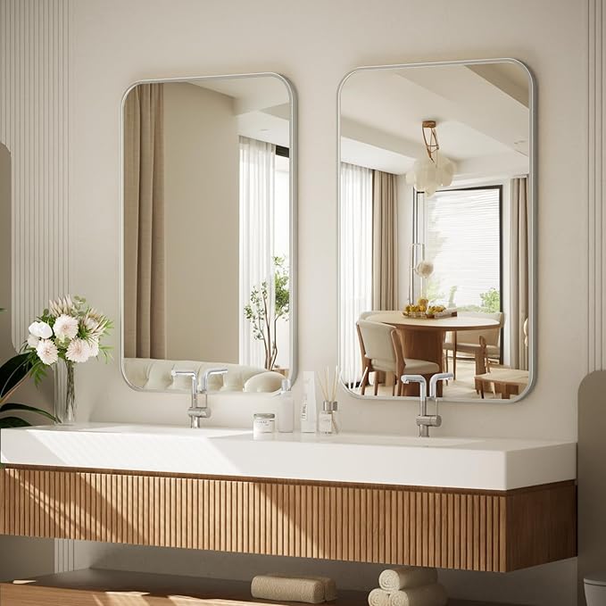 BEAUTYPEAK Wall Mounted Bathroom Mirror - 20" x 28" Silver Rectangular Aluminum Alloy Frame Mirror with Rounded Corners