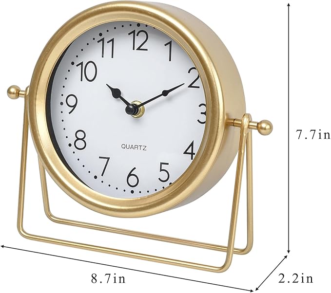 Small Gold Desk Clock – Classic Vintage Silent Non-Ticking Clock with Distressed Metal Frame, Decorative Shelf Decor for Office, Living Room or Bedroom
