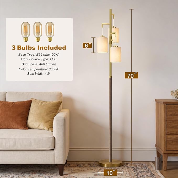 G-SAFAVA 70" Dimmable Floor Lamp Wood Floor Lamps for Living Room Bedroom Mid Century Modern Floor Lamp Gold Standing Lamp Tall Lamps for Office Nursery Reading Elegant Stand Up Lamp, 3 Bulbs Included
