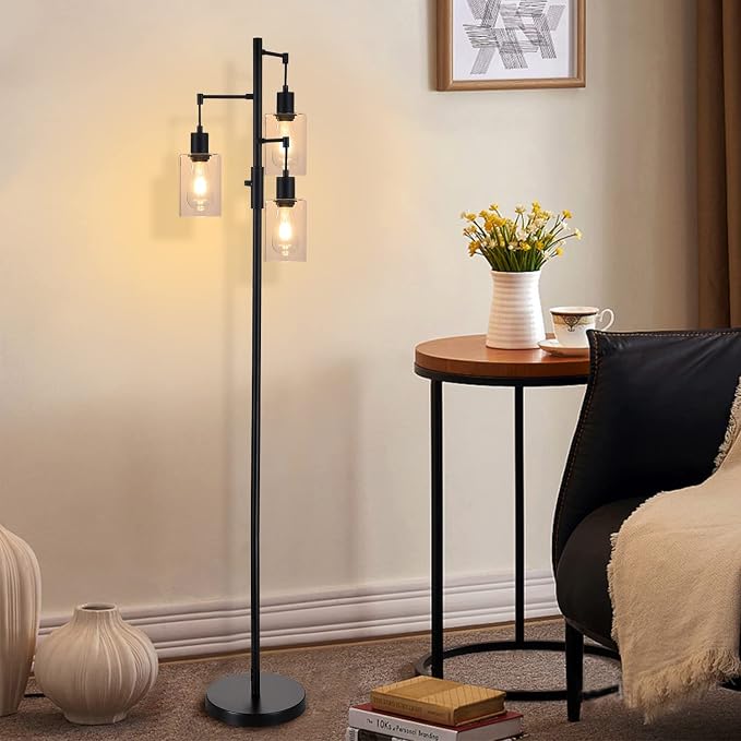 3 Lights Floor Lamp, Industrial Tree Lamp for Living Room Bedroom, Black Modern Dimmable Farmhouse Standing Lamp, Tall Pole with Clear Glass Shade