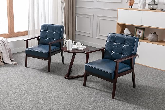 Okeysen Accent Chairs Set of 2, Mid Century Modern Accent Chair, Retro Wood and Leather Armchairs Side Chair, Lounge Reading Comfy Arm Chair for Living Room, Bedroom, Office (Blue)