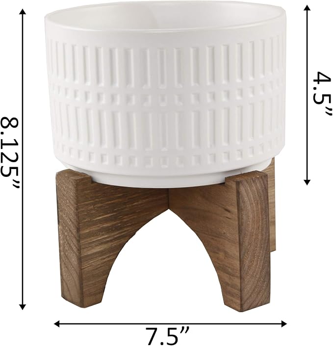 Flora Bunda Mid Century 7 Inch White Roman Texture Ceramic Planter on Wood Stand Mid-Century, White Roman 7"
