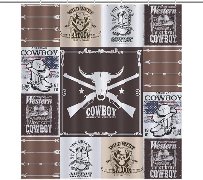 Vintage Cowboy Western Country Shower Curtain,Bull Head Boots Arrow Patchwork Design Waterproof Shower Curtains for Bathroom Decor 12 Pack Hooks 66x72in（168x183cm）