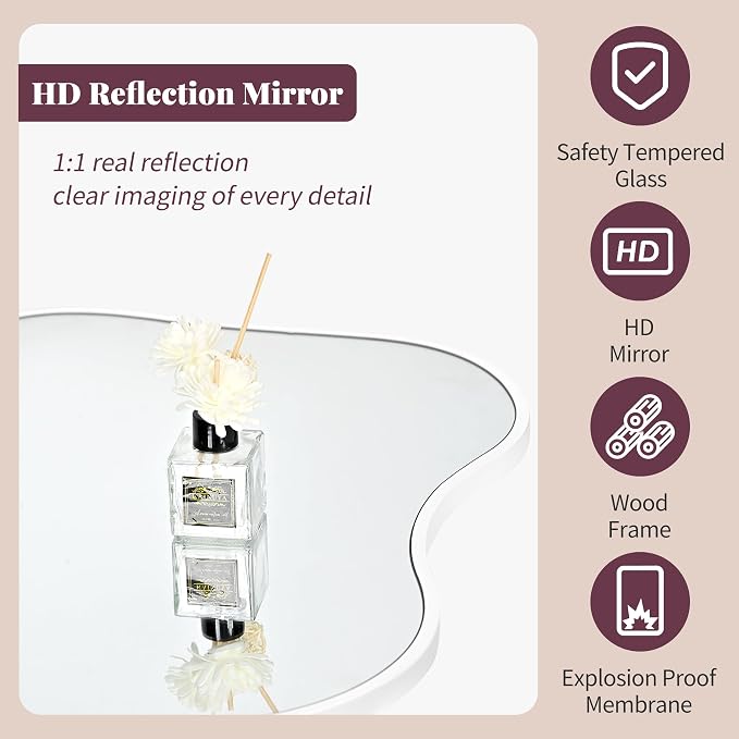 Tanmicoshomy White Irregular Wall Mirror 24x36 Inch, Cloud Shaped Frame Asymmetrical Wavy Mirror with Tempered Glass for Bathroom Bedroom Living Room or Entryway