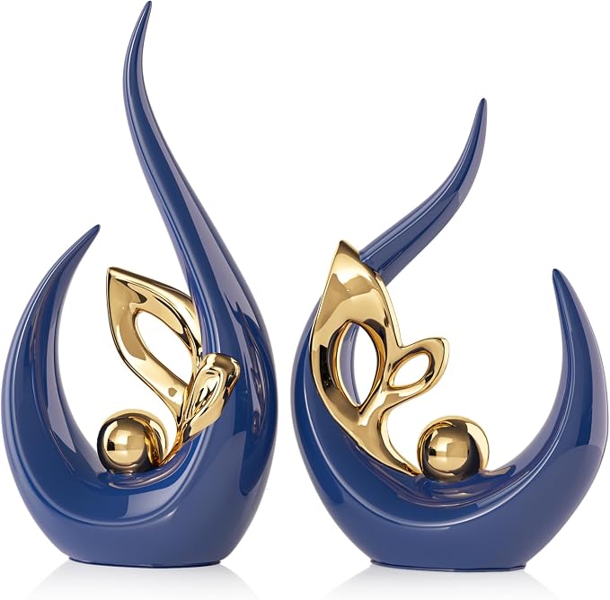 Navy Blue Gold Home Decor Accent,Abstract Ceramic Statue and Sculptures for Living Room,Mid Century Modern Decor for Desktop Bookshelf tv Stand Fireplace Coffee Table Centerpieces Decorations