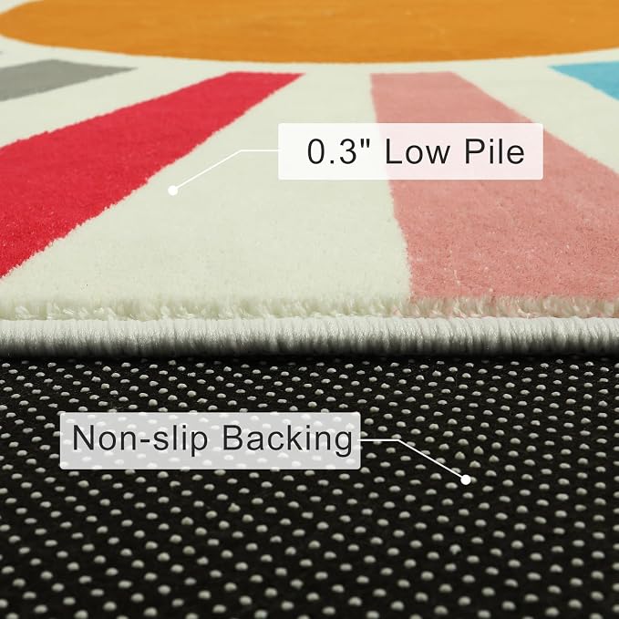 STARUIA Small Round Rug 4 Ft Washable Round Rug for Kids Room, Colorful Sun Circle Rug for Playroom, Non-Slip Circular Office Carpet Soft Rainbow Rug for Bedroom Reading Corner Dorm
