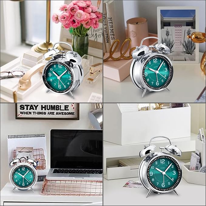 Peakeep Loud Alarm Clock for Heavy Sleepers Adults, Metal 4.5" Twin Bell Battery Operated Alarm Clocks for Bedrooms Decoration (Peacock Green)