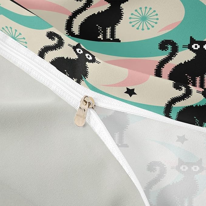 Erosebridal Mid Century Cat Bedding Set Full Cute Cartoon Cat Duvet Cover Boho Abstract Geometric Comforter Cover for Kids Girls Boys Adults Retro Groovy Animal Bed Set