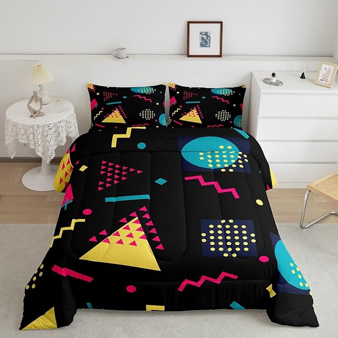 Manfei Memphis Comforter Set Full Size, Retro 80s 90s Geometric Fashion Style Bedding Set 3pcs for Kids Boys, Triangle Circle Vintage Quilt Set Soft Polyester Duvet Set with 2 Pillowcases