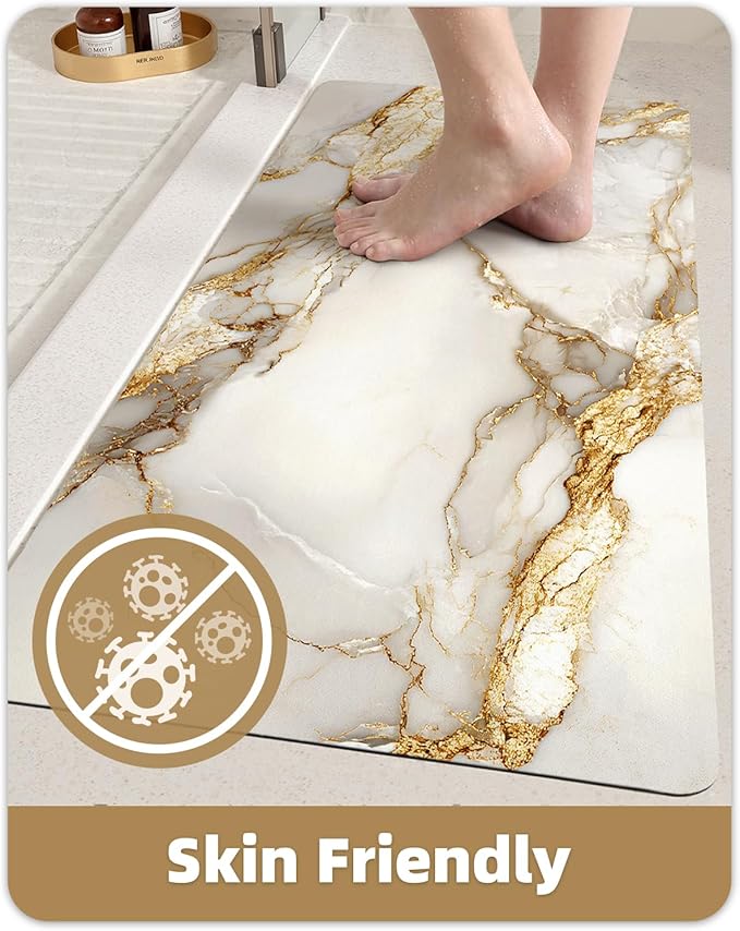 Color&Geometry Ultra Thin Bath Mat,Non Slip Quick Dry Rugs,Absorbent Marble Bathmat,16"x24",Washable Rubber Mat for Shower Floor,in Front of Bathtub,Bathroom Decor,Gold-Veined White Marble-Patterned
