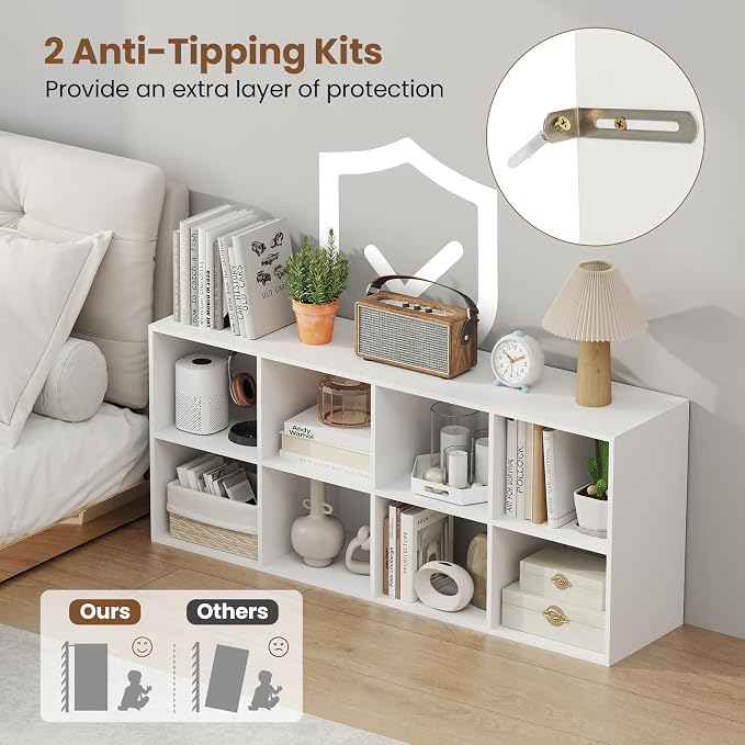 DREAMADE 8 Cube Storage Organizer, 2 Tier Multipurpose Display Shelf w/Open Storage & 2 Anti-Tipping Kits, 8-Cube Wooden Bookcase for Living Room, Bedroom, Study, Home, Office (White)