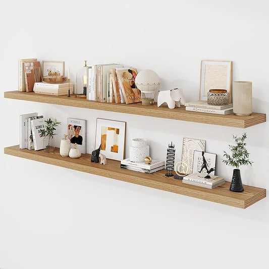 72 Inch Floating Shelves, 9.3" Deep Floating Shelf Wall Mounted, 72" Wall Shelves, Rustic Deep Bookshelf, Large Display Shelves & Storage Shelves for Bedroom, Living Room, Light Brown, Set of 2