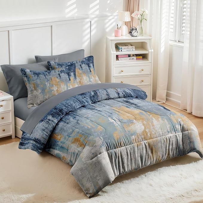 Nesker 7 Pcs Comforter Set Queen Size, Navy Blue Gray Gold White Bedding Set for Kids and Adults, Abstract Oil Painting Bed Sheet Sets with Fitted Sheet 2 Pillowcases & 2 Shams