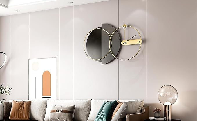 Mid Century Modern Large Gold Silent Wall Clock Non Ticking for Living Room, 43"X27.5" Giant Decorative Round Black Clock for Wall, Big Unique Metal Fancy Clock Wall Decor for Bedroom Entryway