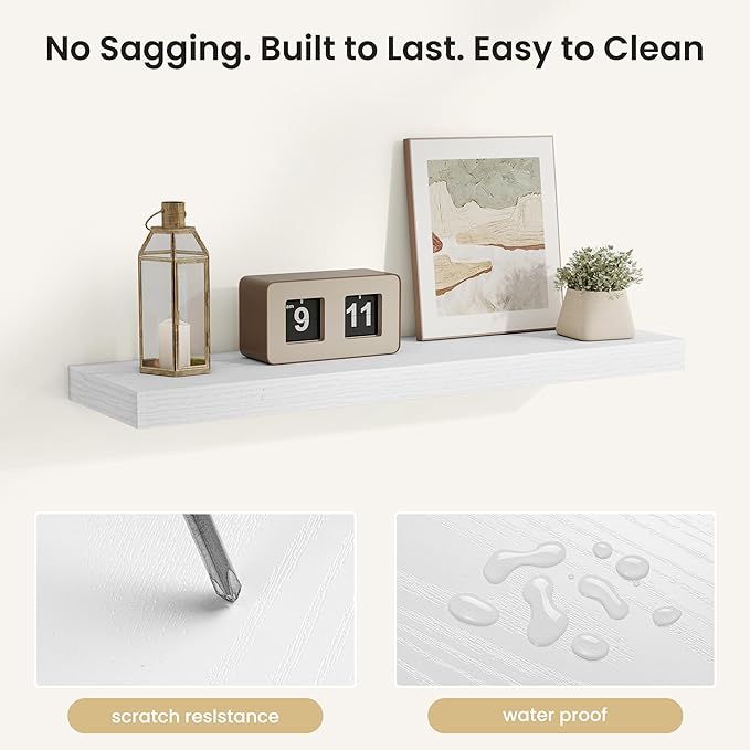 Fun Memories Rustic Floating Wall Shelves, Wall Mounted Wood Storage & Display Shelves for Bathroom, Bedroom, Living Room or Kitchen, (Set of 2, White, 30 in)