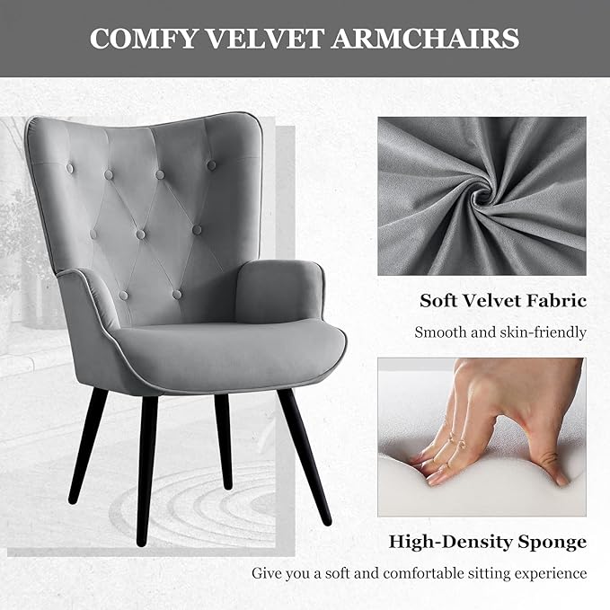 Furnimart Accent Chairs Set of 2, Grey Velvet Chair Reading Chair Armchair with High Backrest, Wingback Corner Chair Mid Century Modern Chair for Living Room, Bedroom, Waiting Room