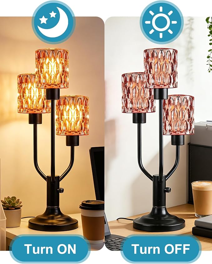 Lightdot Mid Century Modern Table Lamp Dimmable Nightstand Lamp Red Glass Vintage Black Desk Lamp 3 Bulbs Included Warmwhite Ambient Bedside Lamps for Living Room Bedroom Girls Room Home Office Decor