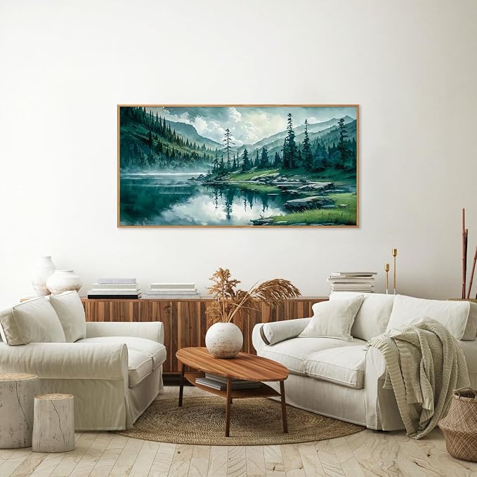 Tinonedraw Large Nature Forest Framed Canvas Wall Art, Boho Mountain Calming Lake Wall Decor, Olive Green Pine Trees Artwork, Northern Wilderness Art Painting for Living Room Bedroom Office 20"x40"