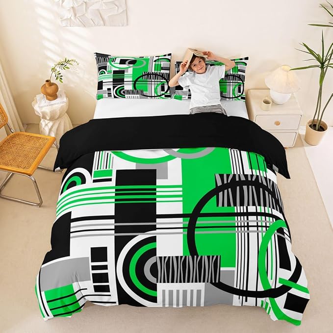 Erosebridal Art Deco Mid Century Duvet Cover Set Retro Modern Abstract Geometric Full Size Bedding Sets for Youth Boys Black and White Green Circles Stripes Comforter Cover Contemporary Bed Set