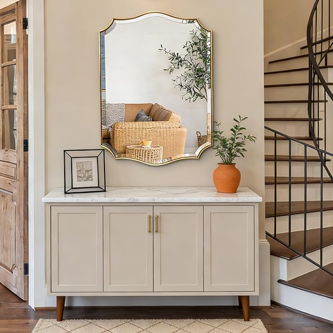 POZINO Gold Bathroom Vanity Mirror, 22"x30" Modern Brushed Mirrors for Over Sink, Unique Rectangle Beveled Mirror for Wall, Brass Scalloped Mirrors for Living Room Bedroom Entryway Fireplace