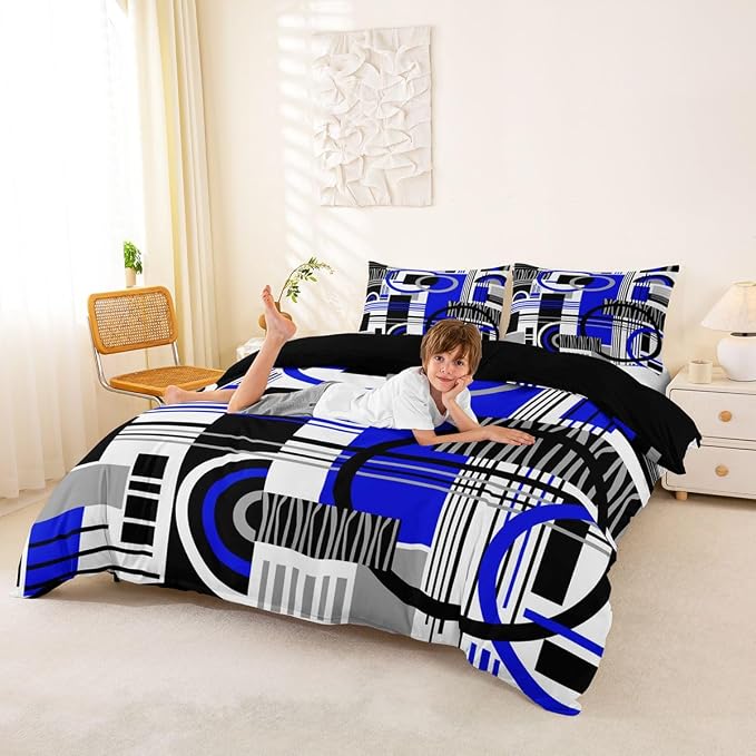 Erosebridal Art Deco Mid Century Duvet Cover Set Retro Modern Abstract Geometric Full Size Bedding Sets for Kids Boys Black and White Navy Blue Circles Stripes Comforter Cover Contemporary Bed Set