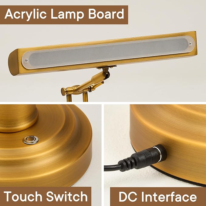 Vintage Piano Lamp for Grand/Upright Pianos, Bronze Piano Light with Touch Control & 3 Color Temperature & Stepless Dimming, Gold Foldable Desk Lamp for Bankers, Office, Reading, Bedside