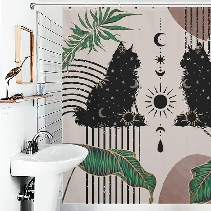 Boho Mid Century Cat Shower Curtain Retro Moon Star Leaves Black Cat Geometric 70s Vintage Waterproof Shower Curtains for Bathroom Decor 12 Pack Hooks 72x72in (183x183cm)