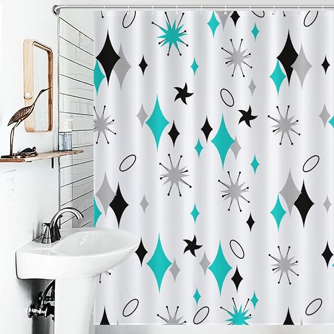 Mid Century Modern Shower Curtain for Bathroom, Abstract Geometric Teal Gray Atomic Iconic Retro 1950s 1960s Vintage Rustic Waterproof Fabric Shower Curtain Set with Hooks, 72"x72"