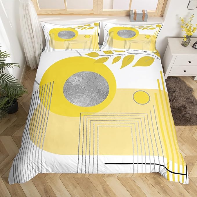 Erosebridal Yellow and White Abstract Boho Duvet Cover Full Size Minimalist Aesthetic Neutral Comforter Cover Mid Century Modern Bedding Set Botanical Leaves Geometric Bed Set