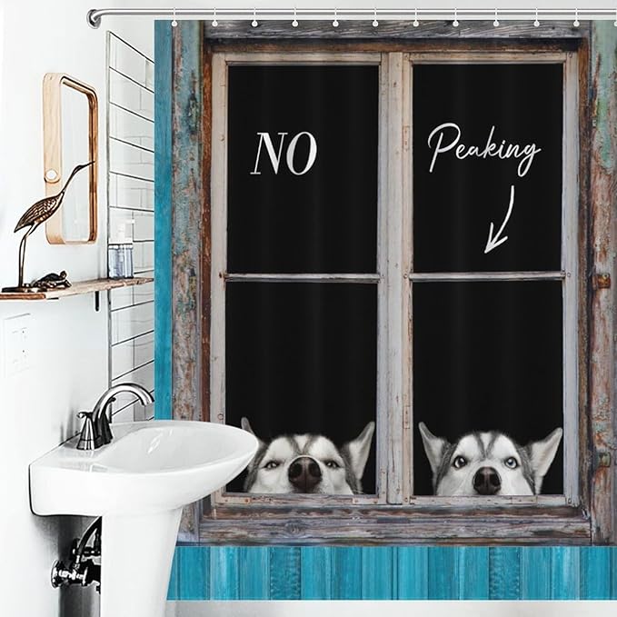 Funny Dog Shower Curtain Blue Rustic Farmhouse Wooden Country Lovely Animal Pet Pattern Duty Fabric Shower Curtains Set Bathroom Polyester Waterproof with 12 Hooks, 55x72Inch（140x183cm）