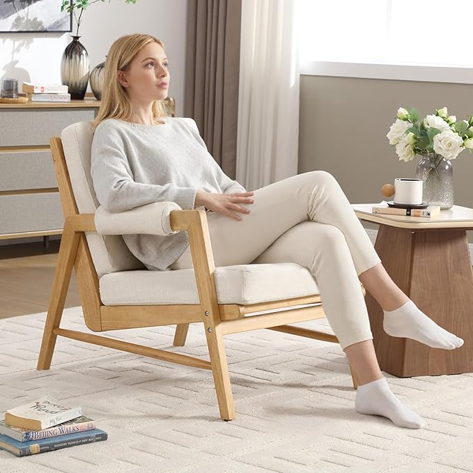 CIMOTA Mid Century Modern Accent Chair Set of 2, Linen Upholstered Living Room Chairs with Arms, Comfy Reading Chair with Solid Wood Frame, High Back for Bedroom, Waiting Room, Office, Beige