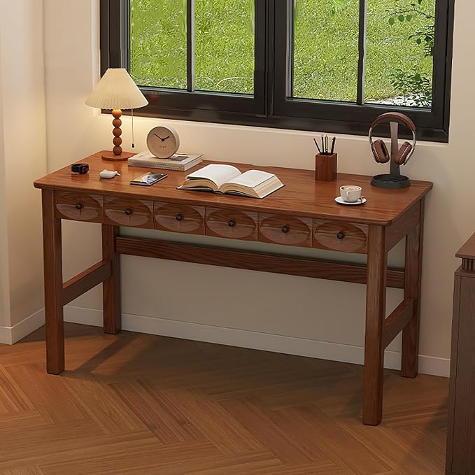 Mid Century Modern Home Office Desk, Solid Wood Writing Desk Multi-Functional Computer Table with 2 Drawers, Vanity, Study Desk for Bedroom/Living Room/Study/Workstation