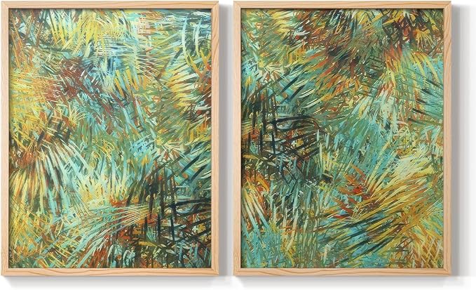 Renditions Gallery Set of 2 Peel & Stick Framed Prints, Nature Abstract Wall Art, Green Leafy Design Wall Decor, Re-Stickable - Ready to Hang - 22"x28" - NATURAL WOOD Frame LT588