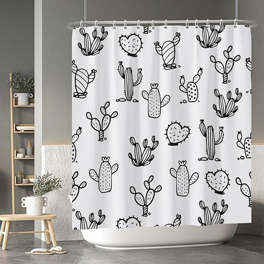 Baocicoo Cartoon Cactus Shower Curtain Tropical Plants Mexican Texas Minimalism Black and White Decorative Artistical Shower Curtains for Home Bathtubs Bath Waterproof Fabric with Hooks 72x78 Inches