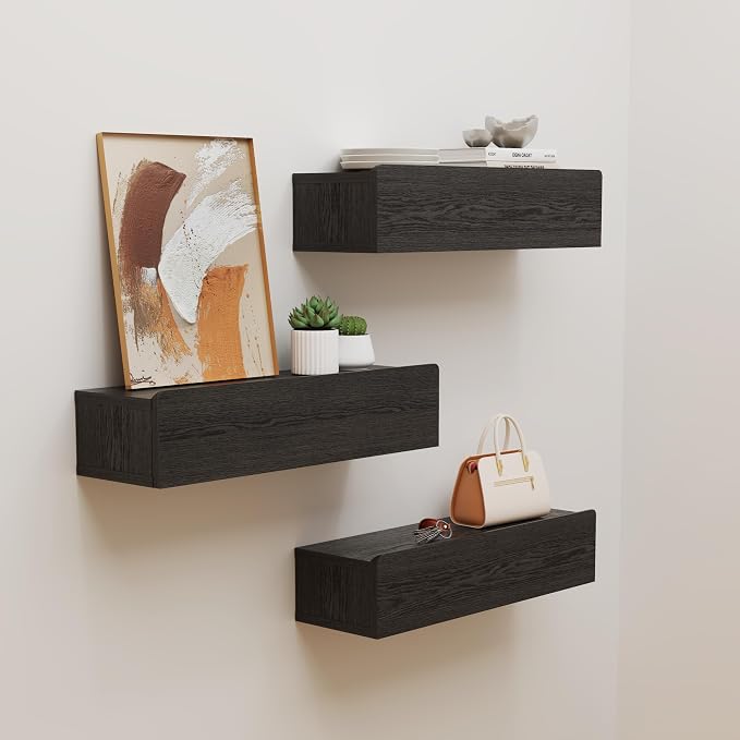 Floating Solid Wood Console Table, 71'' Wall Mounted Narrow Entryway Table with Storage Shelf, Modern Couch Shelves Small Entry Way Tables for Entryway, Front Hall, Hallway (Black, 70.86IN)
