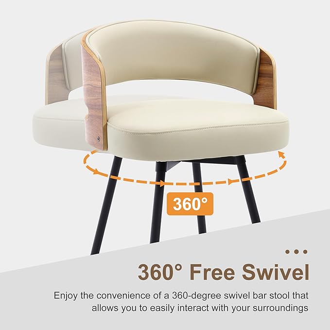 Swivel Bar Stools Set of 3, 26" Counter Height Bentwood Barstool, Upholstered Faux Leather Barstools with Walnut Back, Mid Century Modern Bar Chairs for Kitchen Island, Bar