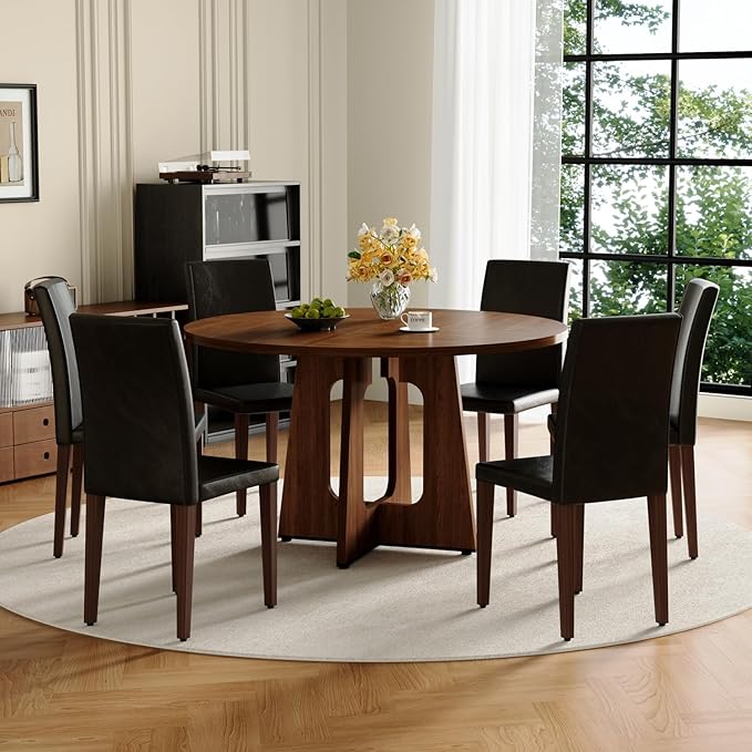 47" Round Dining Table Set for 6, Walnut Wood Grain Table and 6 Black PU Leather Upholstered Chairs Set, Mid Century Modern Kitchen Table Set with Cross Legs