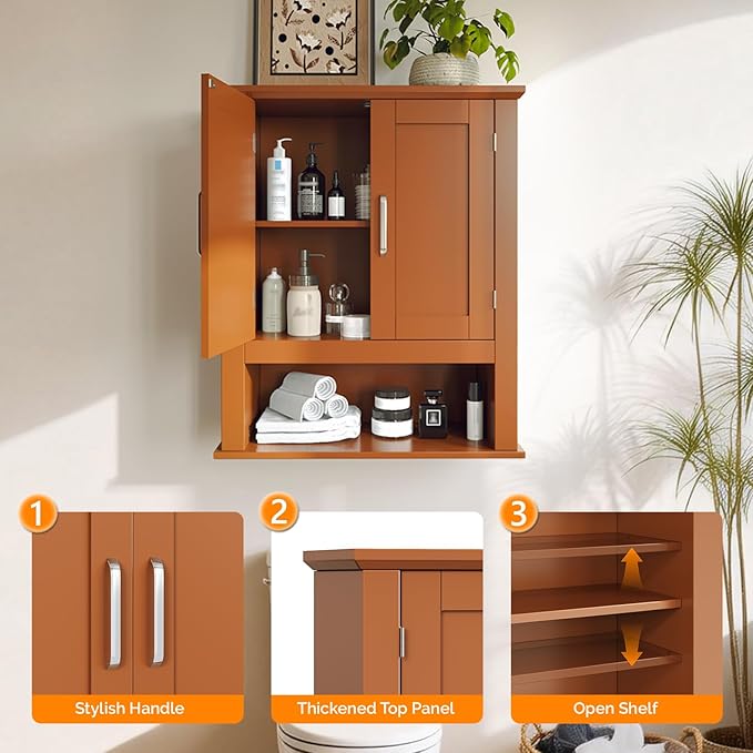 VINGLI Bathroom Wall Cabinet, Black Wall Mounted Storage Cabinet for Bathroom Over the Toilet, Medicine Cabinet with 2 Doors and 3-Height Adjustable Shelf & Open Shelf, Painted MDF, Space Saving