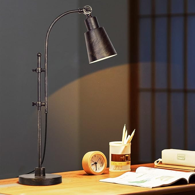 LALISU Metal Desk Lamp Rustic Task Lamp Black Adjustable, Industrial Style Lamp with On/Off Switch, Vintage Work Reading Lamp for Bedroom, Study Room &Office, ETL Certificate. (Black)