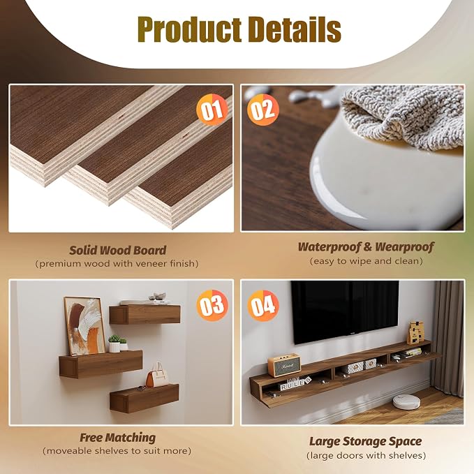 Floating Solid Wood Console Table, 71'' Wall Mounted Narrow Entryway Table with Storage Shelf, Modern Couch Shelves Small Entry Way Tables for Entryway, Front Hall, Hallway (Walnut, 70.86IN)