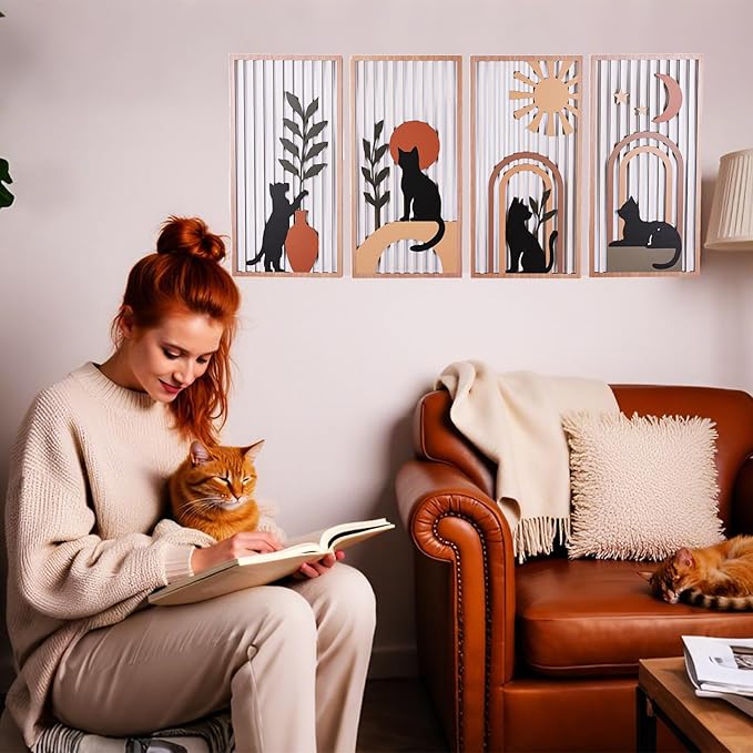 SHENGTIAN 4 Piece Unique Wall Art Set, Aesthetic Cat Art - Geometric Boho Wood Art, Black/Funny Cat Prints, Mid Century Modern Style, for Farmhouse/Office/Bedroom/Living Room, Narrow Vertical Design