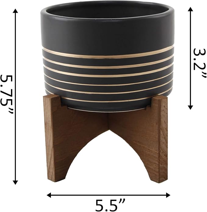 Flora Bunda Mid Century 4.75 inch Ceramic Planter on Wood Stand Great for Succulent Desktop Black/Gold Line