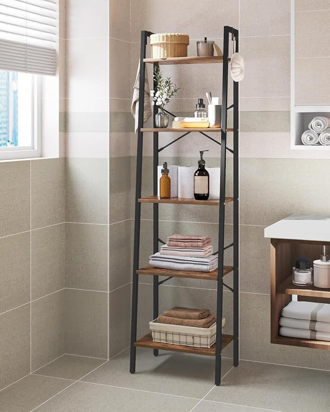 Hzuaneri Ladder Shelf, Bookshelf Bookcase, Freestanding Corner Storage Shelve with 2 Hooks for Home Office, Living Room, Kitchen, Bedroom, Industrial, 11.8" D x 17.3" W x 63" H, Rustic Brown BC19201B