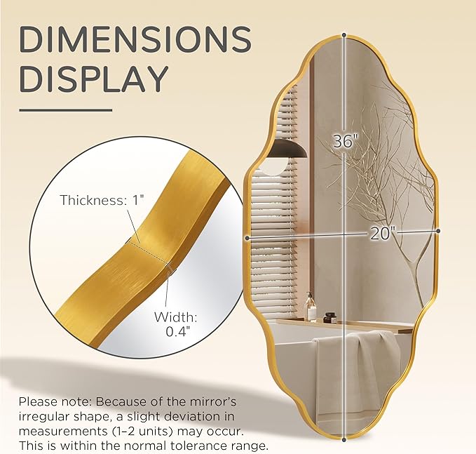 Gold Scalloped Bathroom Mirror, Irregular Wall Mirror with Brushed Metal Frame, HD Glass Decorative Mirror for Wall Decor, Vanity Mirror for Bathroom, Bedroom & Entryway (20" x 36", 2 Pack)