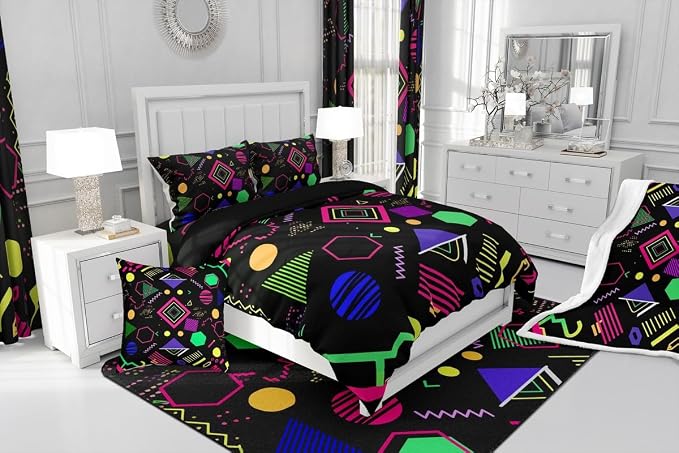 80s 90s Bedding Set Memphis Pattern Old Fashioned Comforter Cover King,Geometric Abstract Colorful Dots Funky Duvet Cover Retro Bed Set,Multicolor Cute Vintage Rainbow 80'S Style 1980S Home Decor