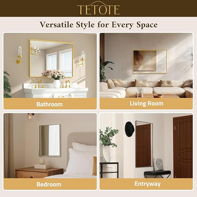 TETOTE Brushed Gold Mirror for Bathroom Sink 24" x 32" Beveled Frame Brushed Gold Brass Vanity Rectangle Mirror for Bathroom Wall, Modern Farmhouse, Tempered Glass, Stronger Frame