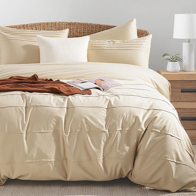 NEXHOME PRO 100% Organic Cotton Duvet Cover Twin, Linen Like Pleated Duvet Cover Set Yellow Tan, 2pc Organic Bedding Set with Zipper Closure, Soft, Lightweight and Breathable(68"x90", No Comforter)